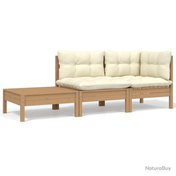 Salon de jardin 3 pcs avec coussins cr�me bois de pin massif