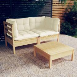Salon de jardin 3 pcs avec coussins cr&egrave;me bois de pin