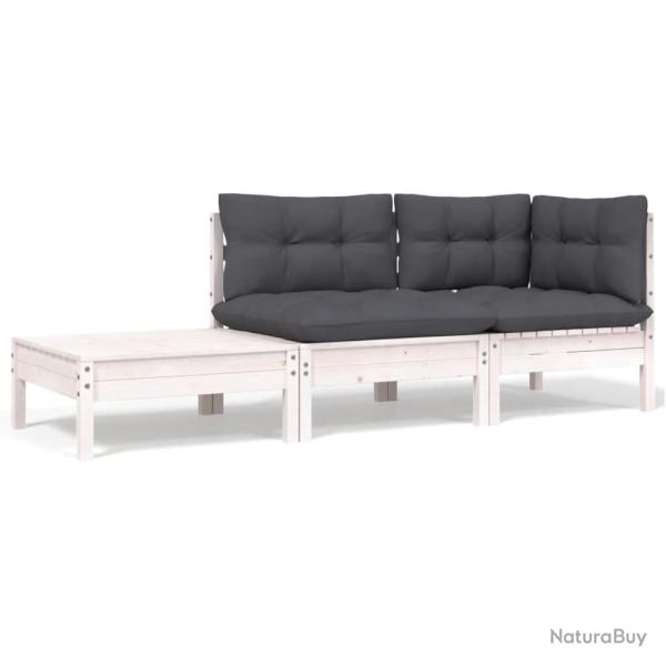 Salon de jardin 3 pcs avec coussins Blanc Bois de pin massif