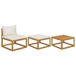 Salon de jardin 3 pcs avec coussins cr&egrave;me Bois d'acacia solide