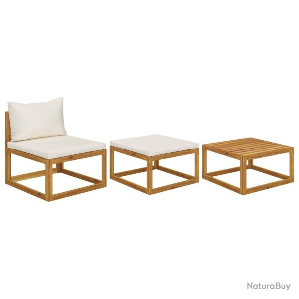 Salon de jardin 3 pcs avec coussins cr�me Bois d'acacia solide