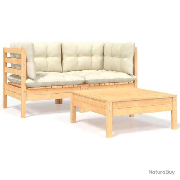 Salon de jardin 3 pcs avec coussins cr�me Bois de pin massif