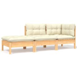 Salon de jardin 3 pcs avec coussins cr&egrave;me Bois de pin massif