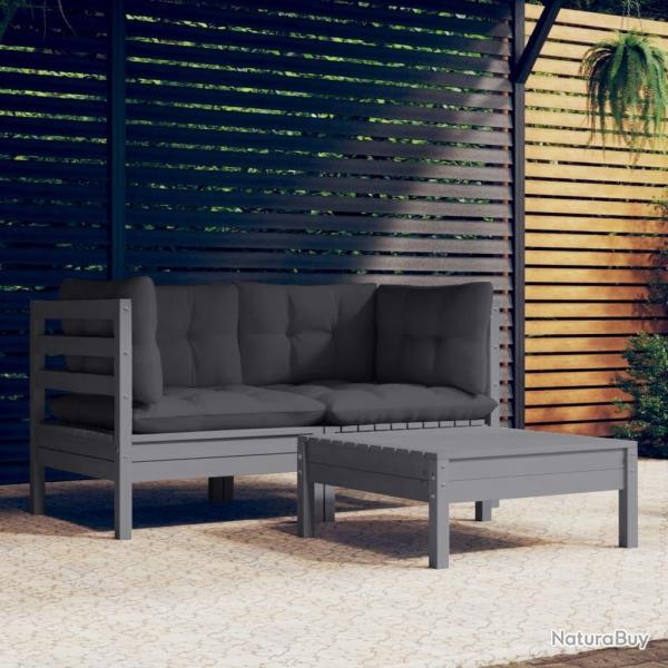 Salon de jardin 3 pcs avec coussins anthracite bois de pin alsavelo