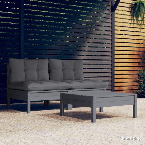 Salon de jardin 3 pcs avec coussins anthracite bois de pin alsavelo