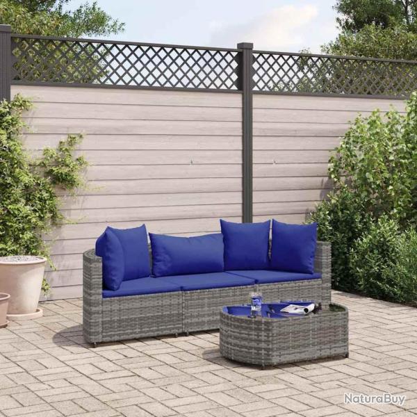 Salon de jardin 4 pcs avec coussins gris r�sine tress�e