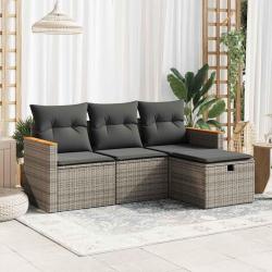 Salon de jardin 4 pcs avec coussins gris r&eacute;sine tress&eacute;e