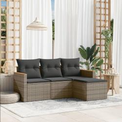Salon de jardin 4 pcs avec coussins gris r&eacute;sine tress&eacute;e