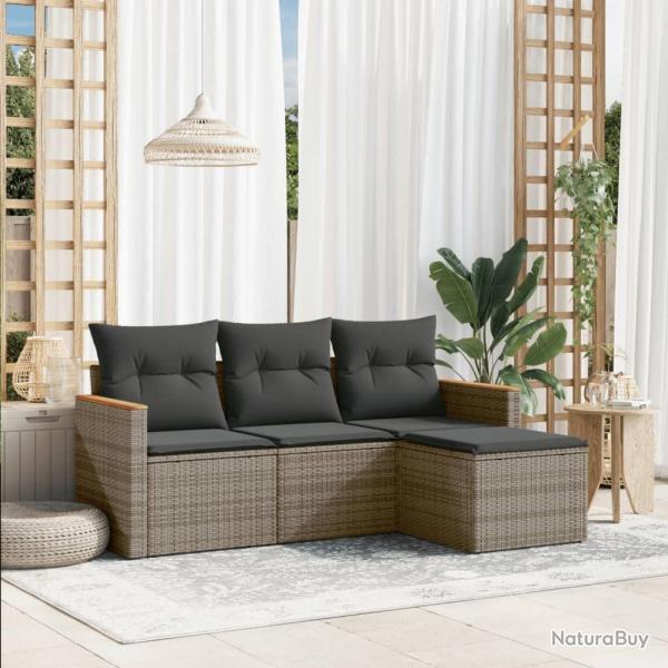 Salon de jardin 4 pcs avec coussins gris r�sine tress�e