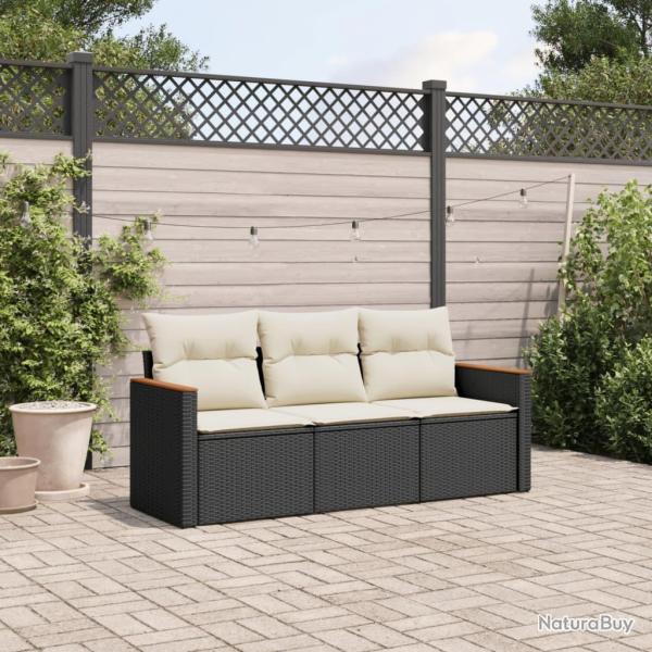 Salon de jardin 3 pcs avec coussins noir r�sine tress�e