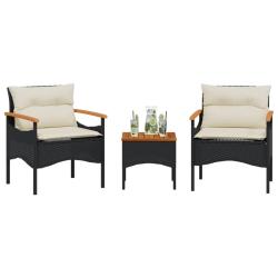 Salon de jardin 3 pcs avec coussins noir r&eacute;sine tress&eacute;e