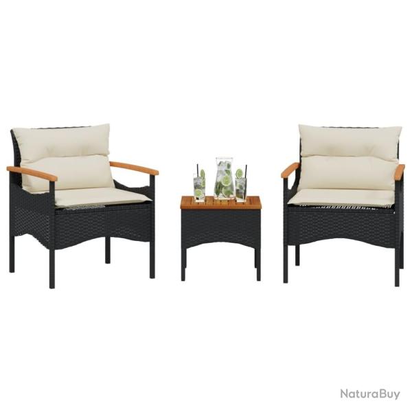 Salon de jardin 3 pcs avec coussins noir r�sine tress�e