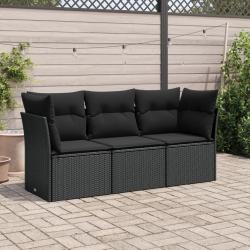 Salon de jardin 3 pcs avec coussins noir r&eacute;sine tress&eacute;e