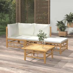 Salon de jardin 4 pcs avec coussins blanc cr&egrave;me bambou