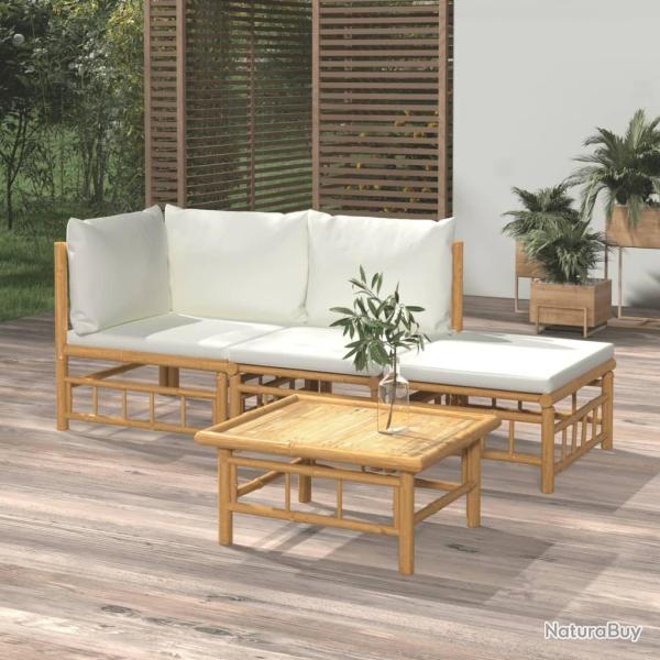 Salon de jardin 4 pcs avec coussins blanc cr�me bambou
