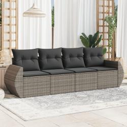 Salon de jardin 4 pcs avec coussins gris r&eacute;sine tress&eacute;e