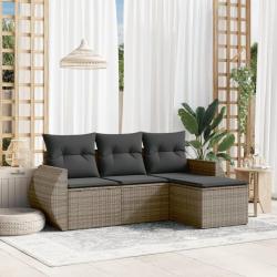 Salon de jardin 4 pcs avec coussins gris r&eacute;sine tress&eacute;e