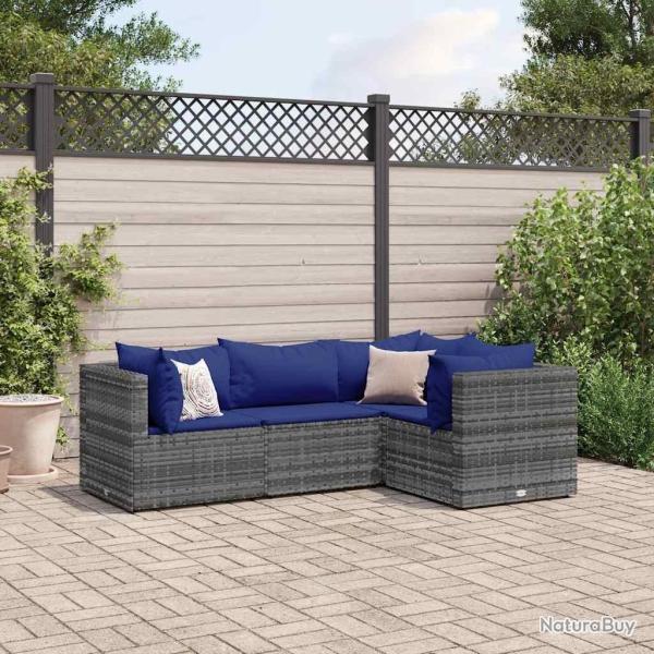 Salon de jardin 4 pcs avec coussins Gris R�sine tress�e alsavelo