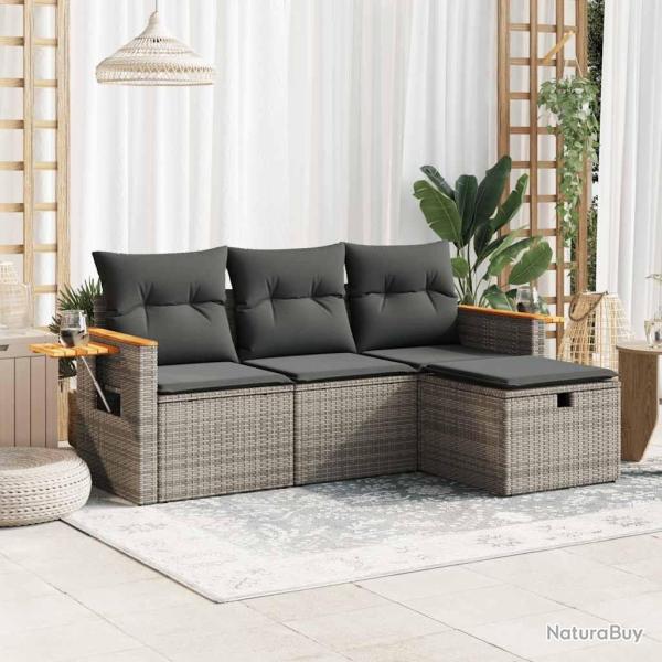 Salon de jardin 4 pcs avec coussins gris r�sine tress�e