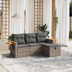 Salon de jardin 4 pcs avec coussins gris r&eacute;sine tress&eacute;e