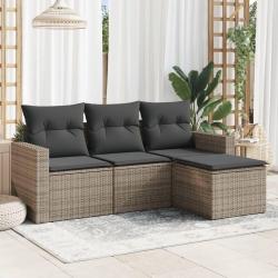 Salon de jardin 4 pcs avec coussins gris r&eacute;sine tress&eacute;e