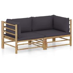 Salon de jardin 2 pcs avec coussins gris fonc&eacute; bambou