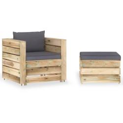 Salon de jardin 2 pcs avec coussins Bois impr&eacute;gn&eacute; de vert