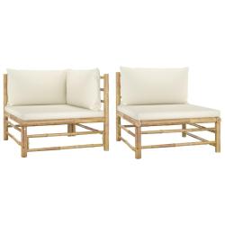 Salon de jardin 2 pcs avec coussins blanc cr&egrave;me Bambou