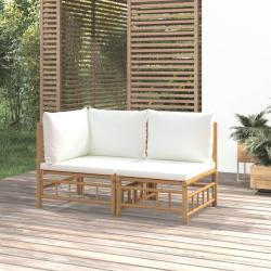 Salon de jardin 2 pcs avec coussins blanc cr&egrave;me bambou