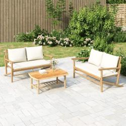 Salon de jardin 2 pcs avec coussins blanc cr&egrave;me bambou