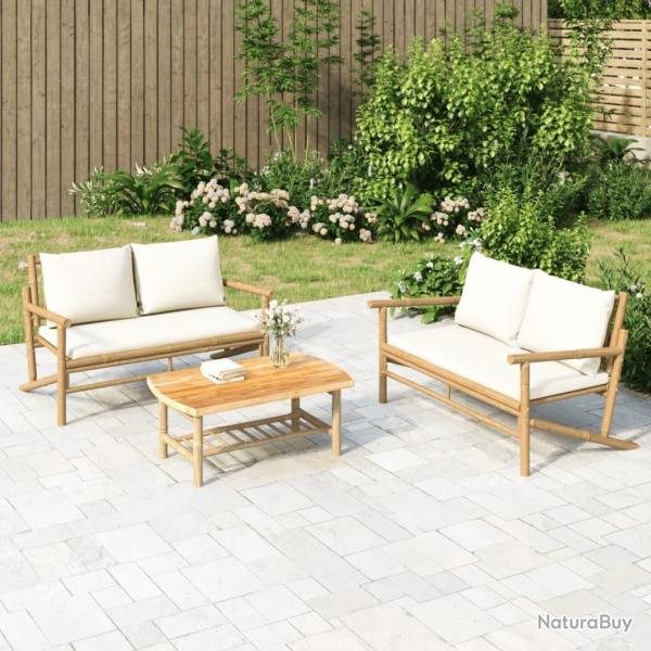 Salon de jardin 2 pcs avec coussins blanc cr�me bambou