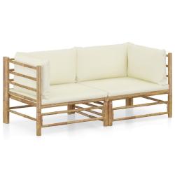 Salon de jardin 2 pcs avec coussins blanc cr&egrave;me bambou