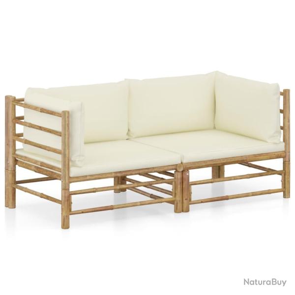Salon de jardin 2 pcs avec coussins blanc cr�me bambou