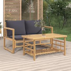 Salon de jardin 2 pcs avec coussins gris fonc&eacute; bambou
