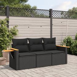 Salon de jardin 3 pcs avec coussins noir r&eacute;sine tress&eacute;e