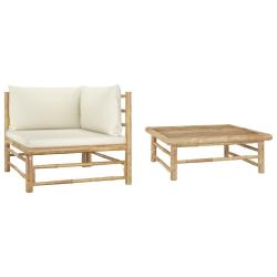 Salon de jardin 2 pcs avec coussins blanc cr&egrave;me Bambou