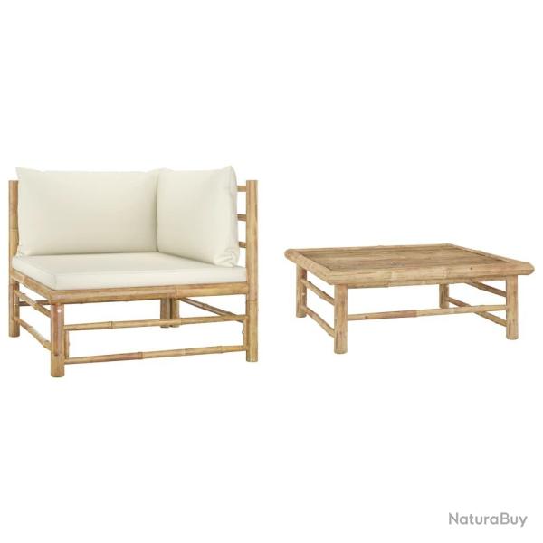 Salon de jardin 2 pcs avec coussins blanc cr�me Bambou