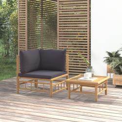 Salon de jardin 2 pcs avec coussins gris fonc&eacute; bambou