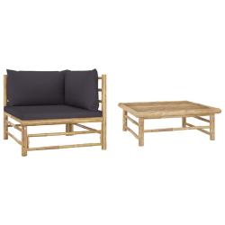 Salon de jardin 2 pcs avec coussins gris fonc&eacute; Bambou
