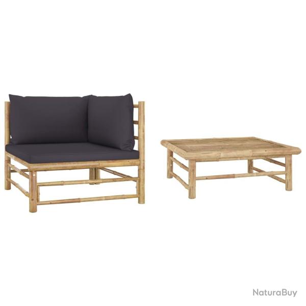 Salon de jardin 2 pcs avec coussins gris fonc� Bambou