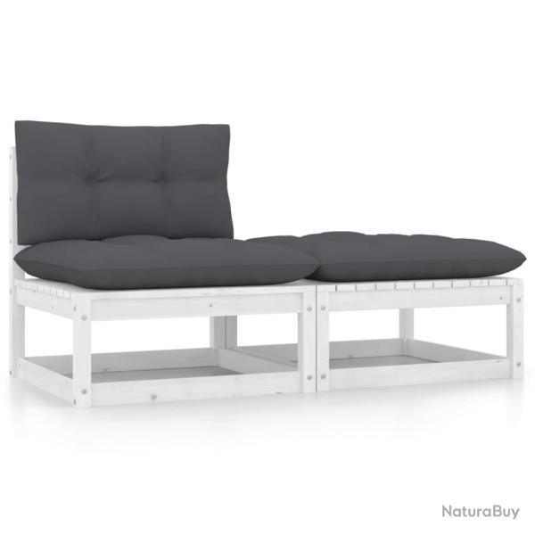 Salon de jardin 2 pcs avec coussins Blanc Bois de pin massif