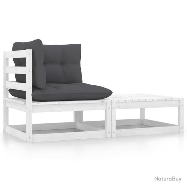 Salon de jardin 2 pcs avec coussins Blanc Bois de pin massif