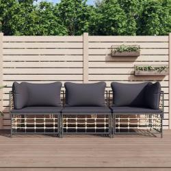 Salon de jardin 3 pcs avec coussins anthracite r&eacute;sine tress&eacute;e