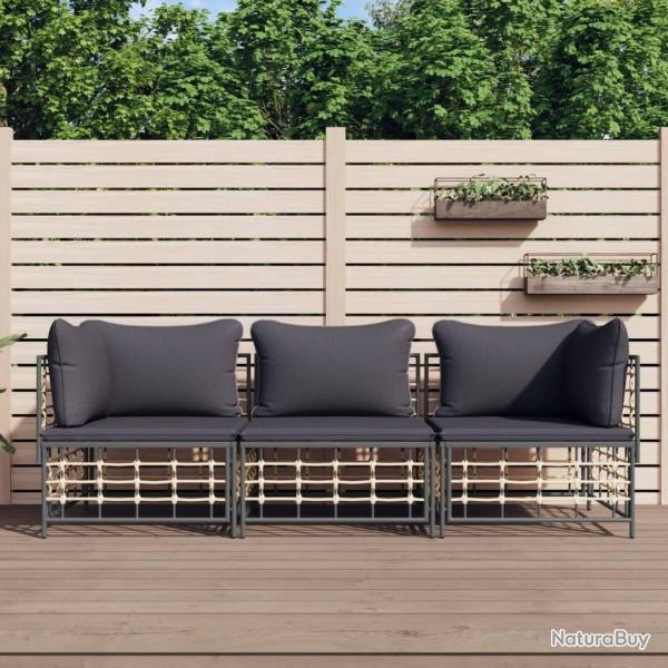 Salon de jardin 3 pcs avec coussins anthracite r�sine tress�e