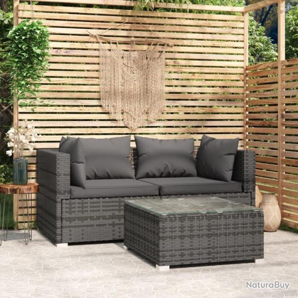 Salon de jardin 3 pcs avec coussins Gris R�sine tress�e alsavelo