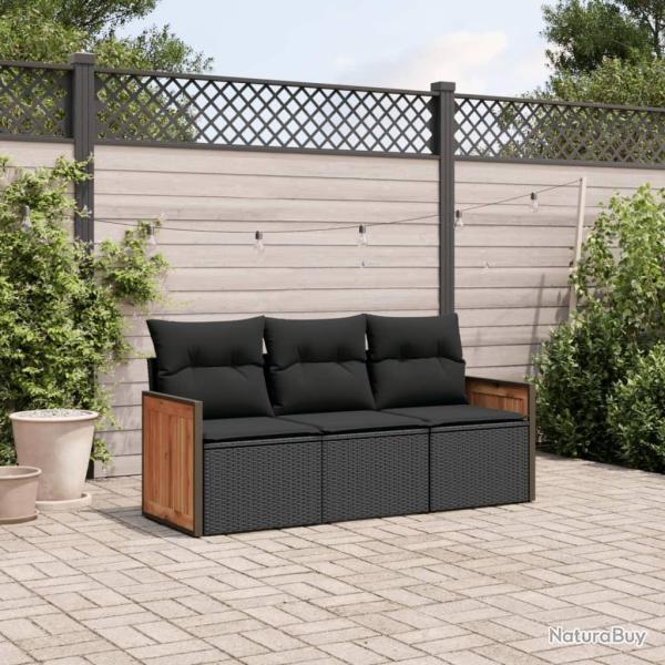 Salon de jardin 3 pcs avec coussins noir r�sine tress�e