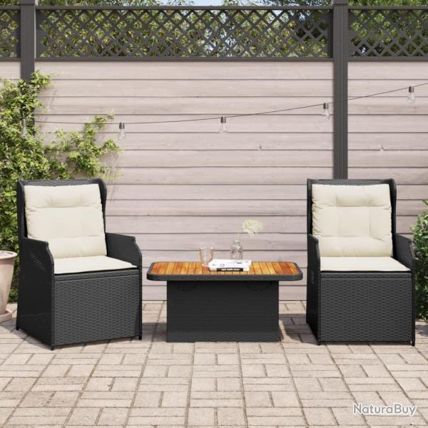 Salon de jardin 3 pcs avec coussins Noir R�sine tress�e