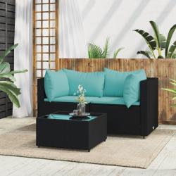 Salon de jardin 3 pcs avec coussins Noir R&eacute;sine tress&eacute;e