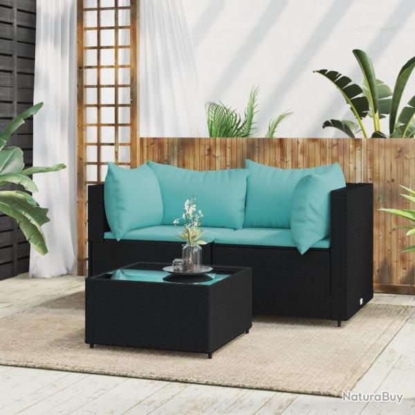 Salon de jardin 3 pcs avec coussins Noir R�sine tress�e