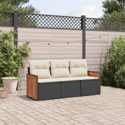 Salon de jardin 3 pcs avec coussins noir r&eacute;sine tress&eacute;e